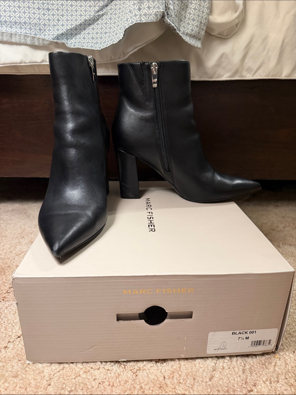 Marc Fisher Black Leather Pointed Ankle Booties with Side Zip